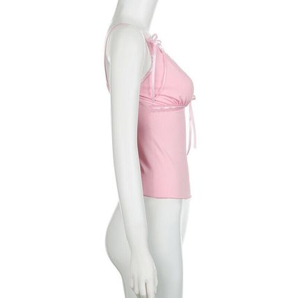 Ribbons Bow Patchwork Lace Crop Top Pink Coquette Aesthetic Slim-fit V-neck