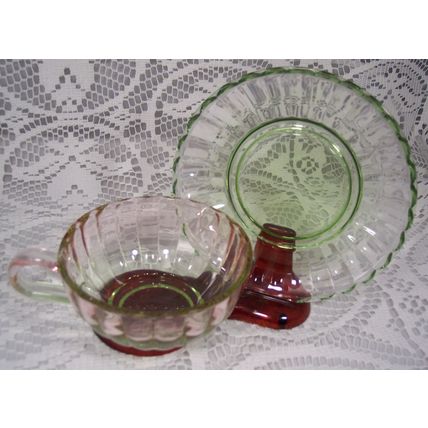 Pink & Green Watermelon-Colored Glass Teacup & Saucer or Coffee Cup Set - NEW