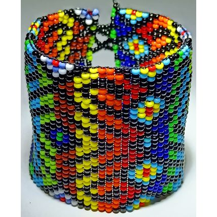 Traditional Huichol Art. Mexico Glass Seed Beads Bracelet. Crazy Waves 3