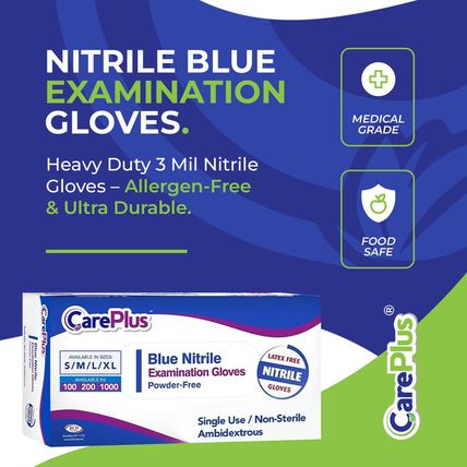 CARE plus Medical Grade Examination Nitrile Blue Gloves, Powder and Latex Free |
