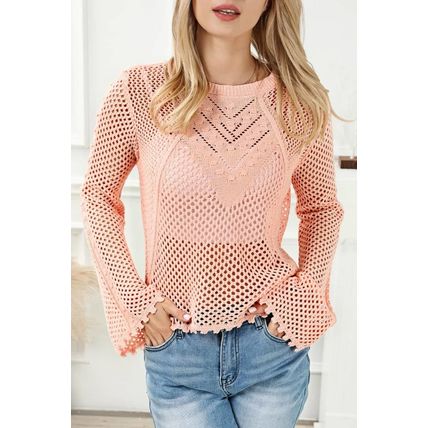 Pink Hollowed Eyelets Knit Bell Sleeve Sweater