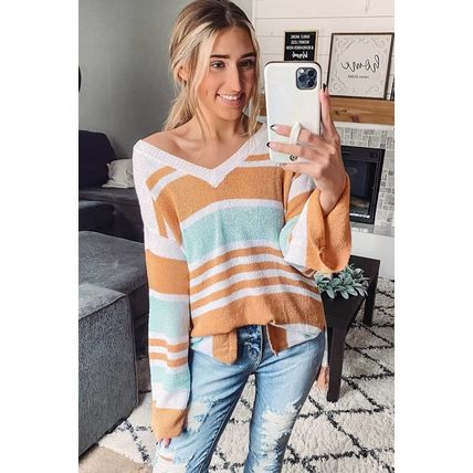 Multicolor Colorblock Stripe Long Sleeve Split Sweater