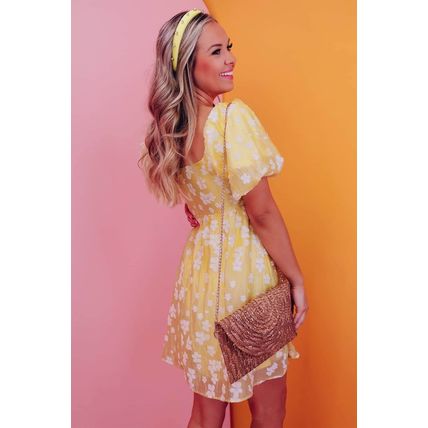 Yellow Boho Flower Jacquard Puff Sleeve Square Neck Mini Dress