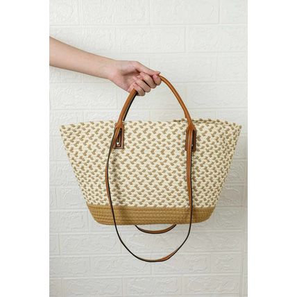 Beige Contrast Woven Leather Handle Single Shoulder Bag