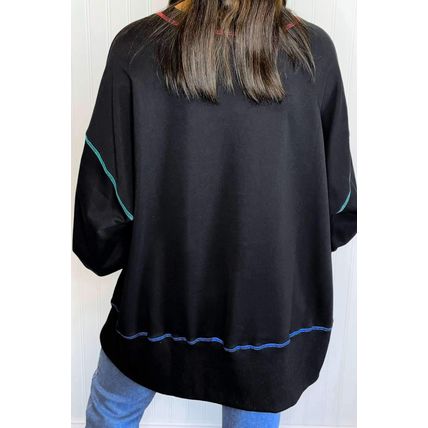 Black Floral Pumpkin Graphic Split Lantern Sleeve Seamed Sweatshirt