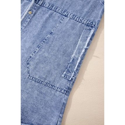 Beau Blue Mineral Wash Long Sleeve Button Up Raw Hem Pocketed Denim Dress
