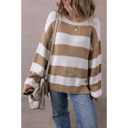 Light French Beige Colorblock Striped Drop Shoulder Side Slit Sweater