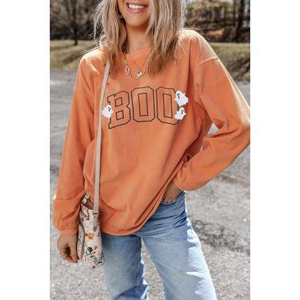 Orange Embroidered BOO Ghost Corded Halloween Sweatshirt
