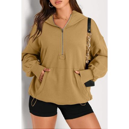 Brown Solid Kangaroo Pocket Half Zipper Oversized Hoodie
