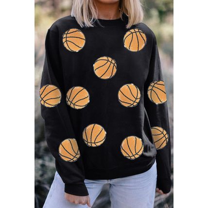 Black Sequin Ball Patched Crewneck Game Day Sweatshirt