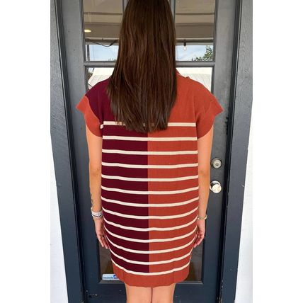 Brown Stripe Color Block Quarter Zip Collar Short Sleeve Sweater Dress