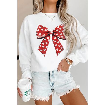 White Heart Bow Printed Round Neck Valentines Pullover Sweatshirt