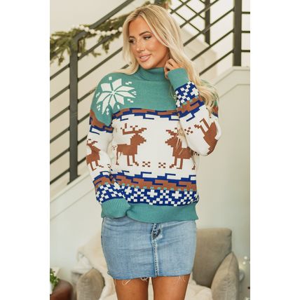 Canton Christmas Reindeer Snowflake Colorblock Turtleneck Sweater
