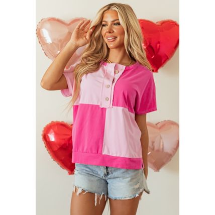 Pink Two Tone Half Buttons Collared T Shirt