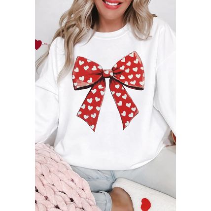 White Heart Bow Printed Round Neck Valentines Pullover Sweatshirt