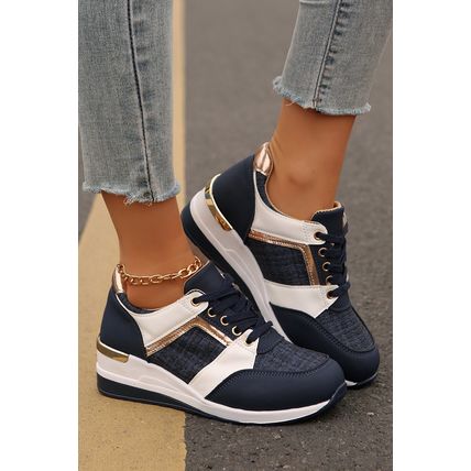 Sail Blue Glitter Patched Lace-up Wedge Sneakers