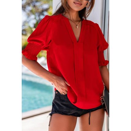 Red Solid Color Half Sleeve V Neck Blouse