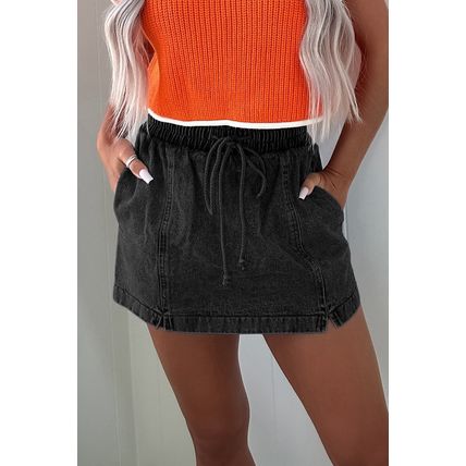 Black Drawstring High Waist Pocketed Denim Shorts
