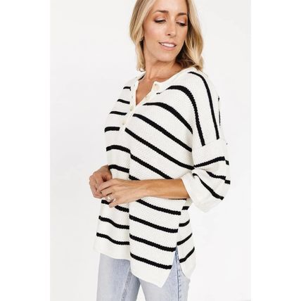 White Stripe Henley Buttoned Placket Drop Shoulder Bracelet Sleeve Knit Sweater