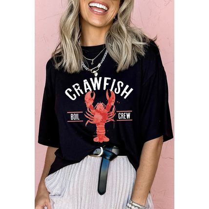 Black CRAWFISH BOIL CREW Distressed Letter Graphic T Shirt