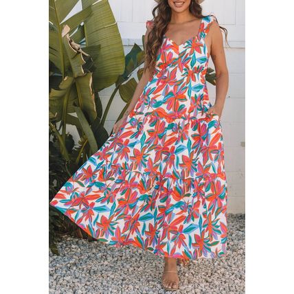 Red Boho Floral Ruffled Strap V Neck Maxi Dress