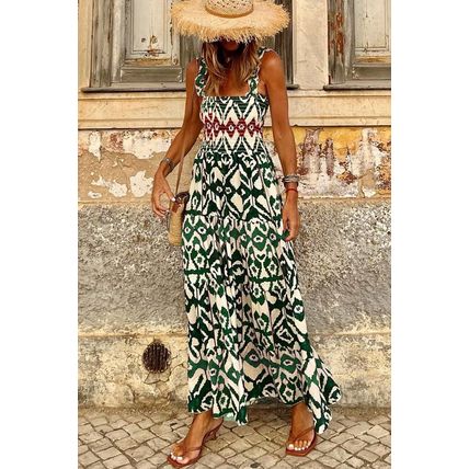 Green Western Aztec Shirred A-line Sleeveless Maxi Dress