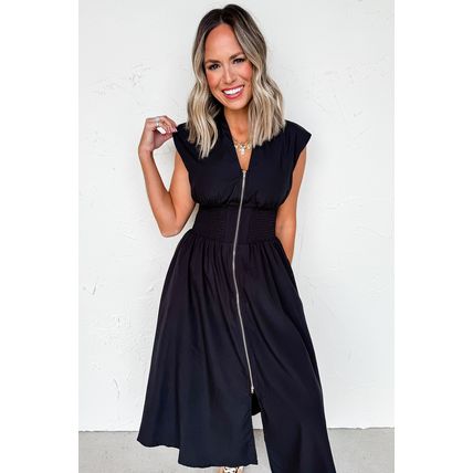 Black Sleeveless Zipped Front V Neck Shirred Waist Maxi Dress