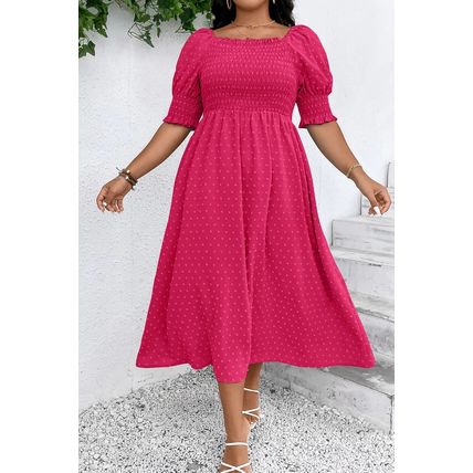 Sachet Pink Swiss Dot Smocked Frilled Neckline Short Sleeve Plus Size Dress
