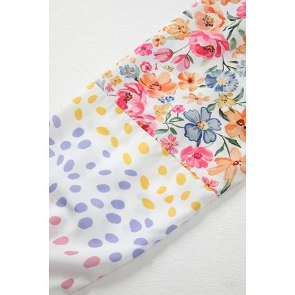 White Floral Dotted Mixed Print Patchwork Sleeve High Low Casual Sweatshirt