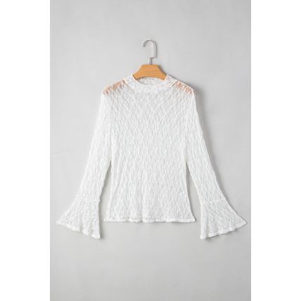 White Sheer Lace Bell Sleeve Mock Neck Blouse