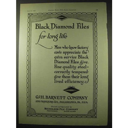 1922 G.H. Barnett Black Diamond Files Ad - Long Life