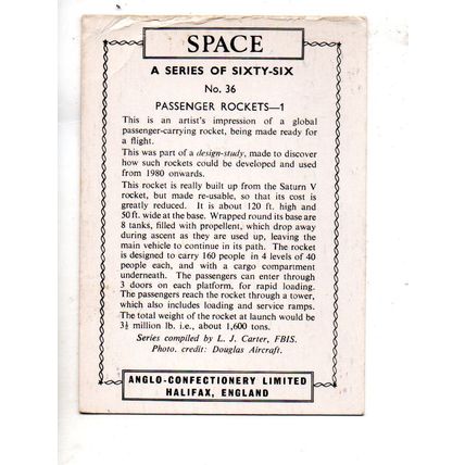 ANGLO CONFECTIONERY TRADE CARD SPACE 1967 NUMBER 36 PASSENGER ROCKETS-1