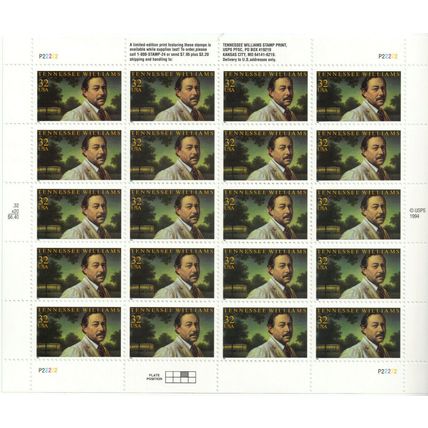 Tennessee Williams Sheet of Twenty 32 Cent Postage Stamps Scott 3002