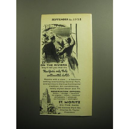 1958 St. Moritz Hotel Ad - On the Riviera they'll tell you