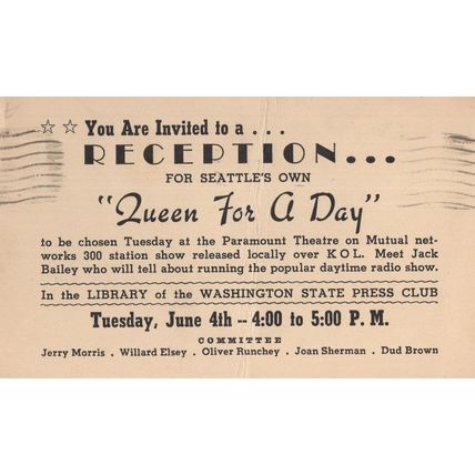 Seattle WW2 Queen For A Day Radio Press Club Old Invitation Postcard