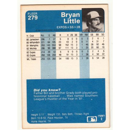 1984 Fleer Bryan Little baseball rookie card #279 - RC - Expos