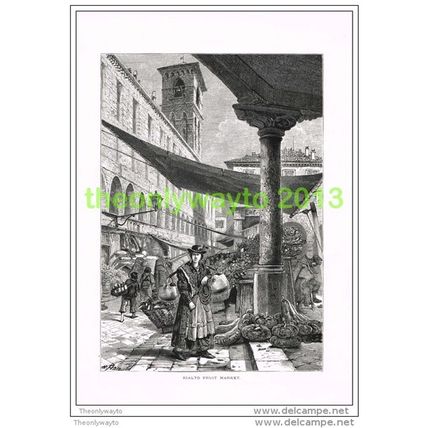 RIALTO FRUIT MARKET, VENICE, ITALY, Book Illustration (Print) c1875
