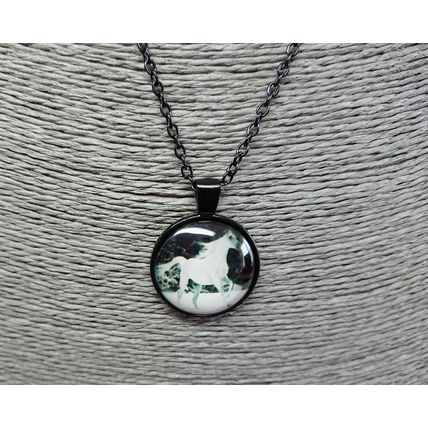 Beautiful Galloping Horse In Snow Glass Cabochon Pendant Black Necklace Gift
