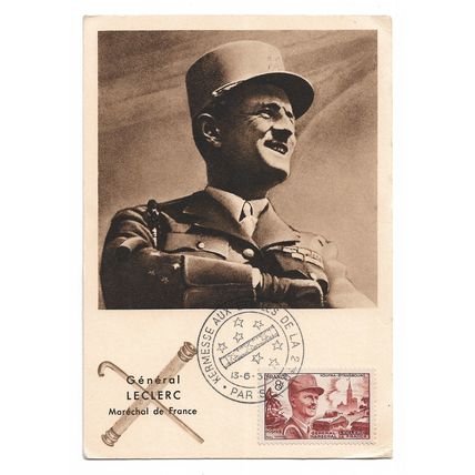 3 postcards French army commemorative Coloniales Leclerc WW2 stamps 1947-1953