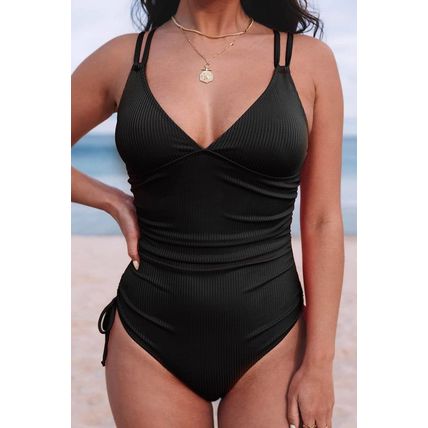 Black Adjustable Straps Ribbed Knit One Piece Swimsuit