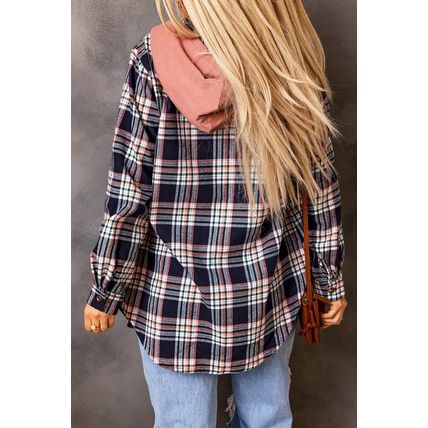 Pink Contrast Hooded Drawstring Plaid Shacket