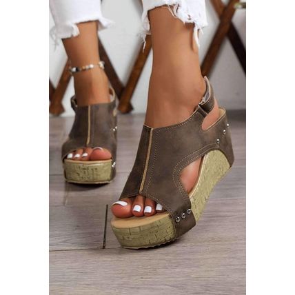 Chestnut Suede Patched Studded Cut Out Wedge Sandals