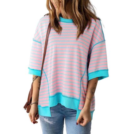 Pink Stripe Oversized Contrast Trim Exposed Seam High Low T Shirt