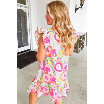 Pink Abstract Floral Ruffle Trim Flutter Sleeve Buttoned Dress