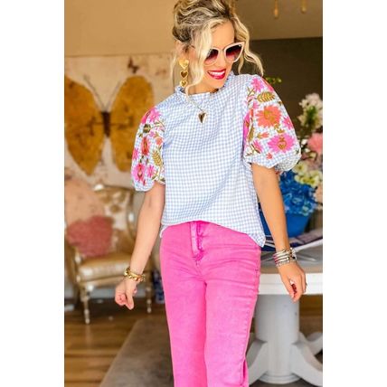 Light Blue Gingham Floral Embroidered Puff Sleeve Blouse