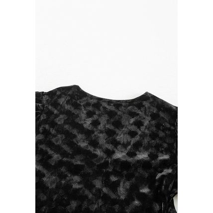 Black Textured V Neck Balloon Sleeve Velvet Mini Dress