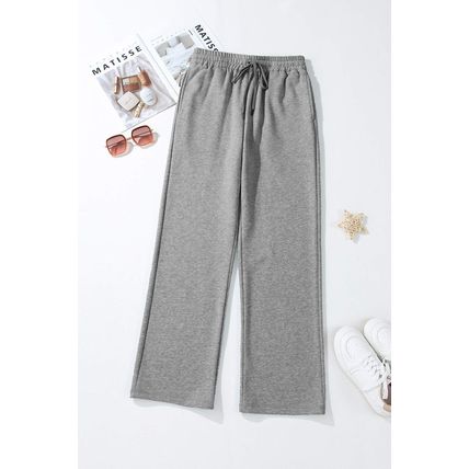 Light Grey Solid Color Fleece Lined Drawstring Waist Casual Pants