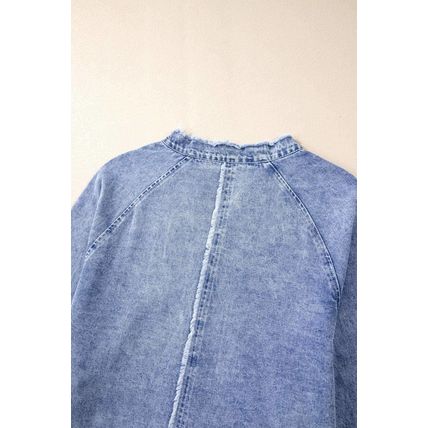 Beau Blue Mineral Wash Long Sleeve Button Up Raw Hem Pocketed Denim Dress