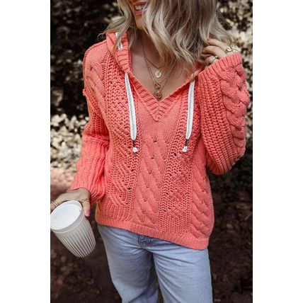 Gold Flame Cable Knit V Neck Contrast Drawstring Hooded Sweater