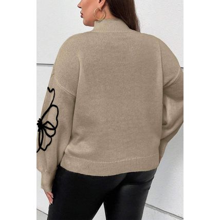 Dark Khaki Plus Size Big Flower Pattern High Neck Drop Shoulder Sweater